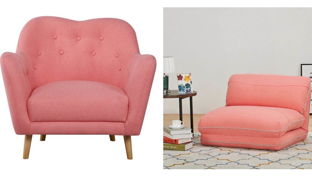 Sillón de tela BOO y Sillón cama de tela LOOP en color pintural coral Sillón de tela BOO y Sillón cama de tela LOOP en color pintural coral