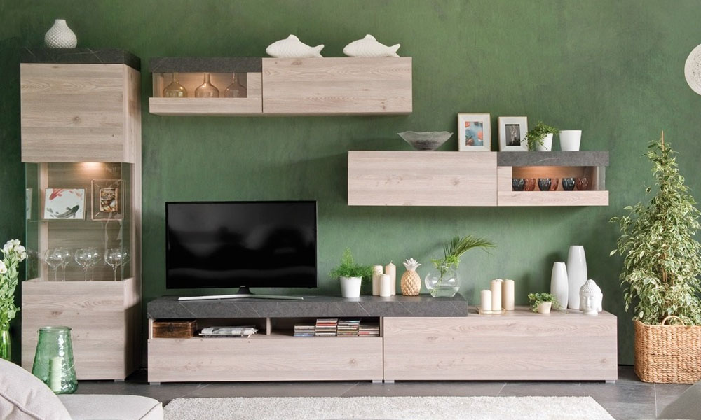Salón VETTERA, salón compacto, con acabado en piedra y gris salones modernos