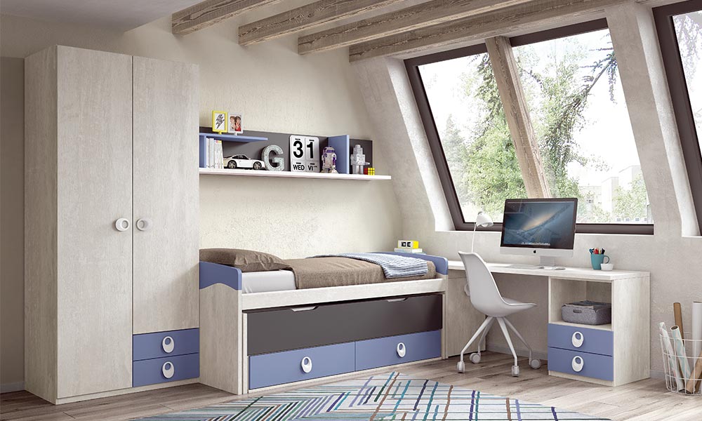 El dormitorio infantil COLORS queda perfecto en este tono claro para aportar luminosidad a la estancia decoración áticos