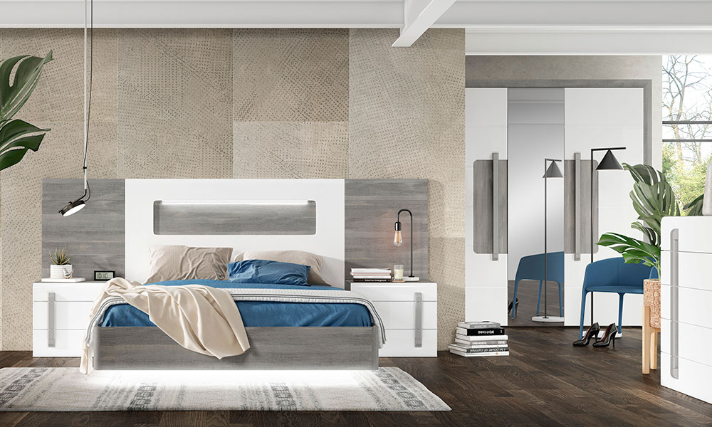 El dormitorio TIZZIANO, en blanco brillo y tonos ceniza, combina a la perfección con suelos oscuros, como el roble combinar muebles de distintas maderas