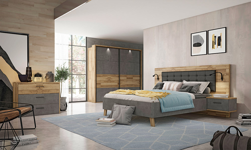 Conjunto Cama 150x190 + Cabecero + 2 mesitas RICCIANO japandi