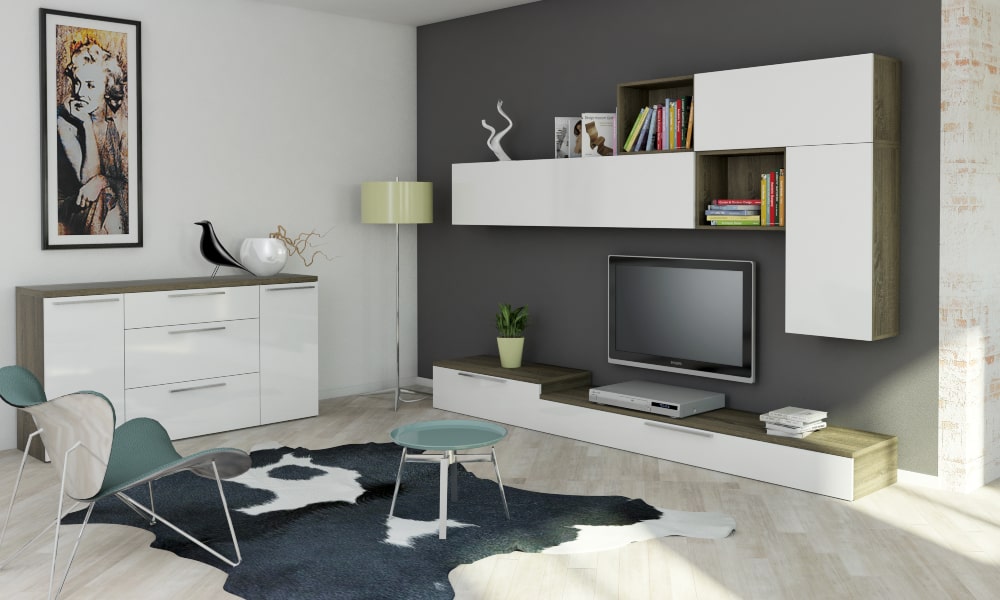 Colección salón HOME con acabado lacado en blanco alto brillo cómo distribuir un salón cuadrado de 16 metros