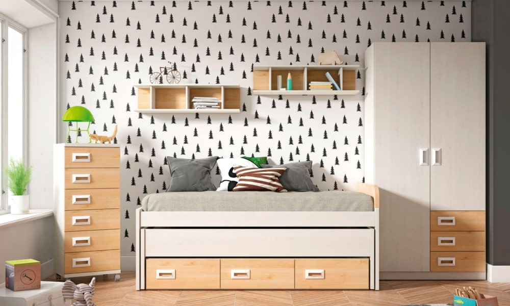 Campa compacta INFINITY color blanco y pino, con tres cajones decoración para habitaciones pequeñas