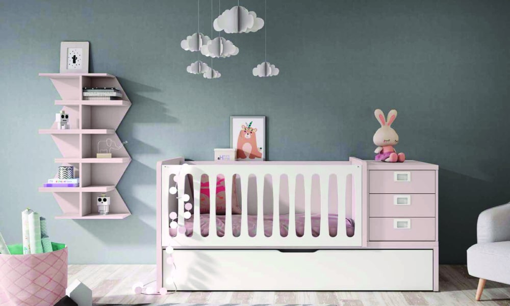 Solución con doble cama en malva talco y blanco poro, perfecta para compartir habitaciones decoracion habitacion bebe