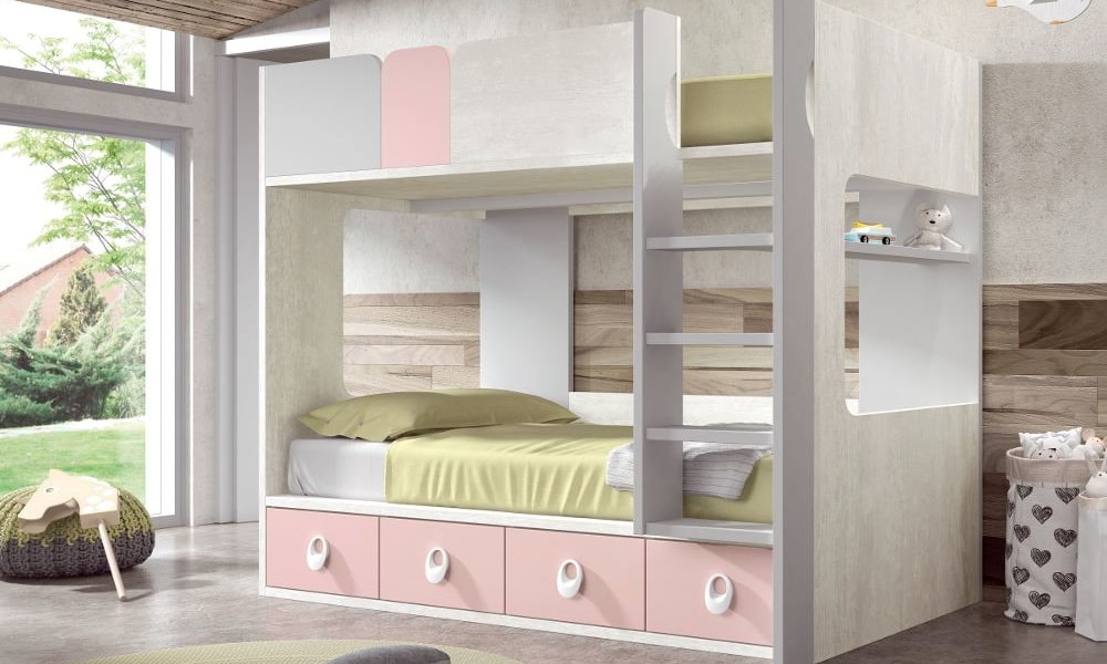 Litera derecha COLORS en nebraska, gris y rosa (90x190 cm) decoración para habitaciones pequeñas