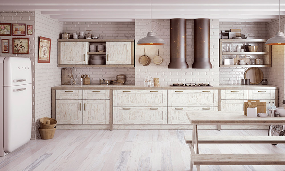 En la cocina CALABRIA destacan los frontales de aspecto desgastado, que le dan personalidad a esta fantástica cocina. La mesa con banco incorporado también aporta un estilo característico a esta bonita cocina. modelos de cocina