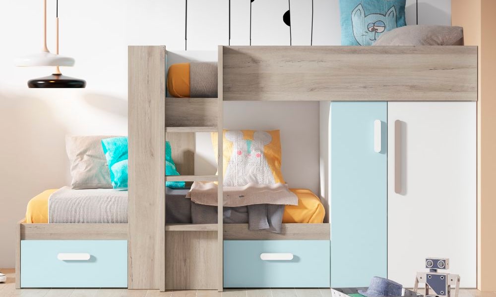 Cama tren reversible LUPY en color blanco, iron y azul planning limpieza casa