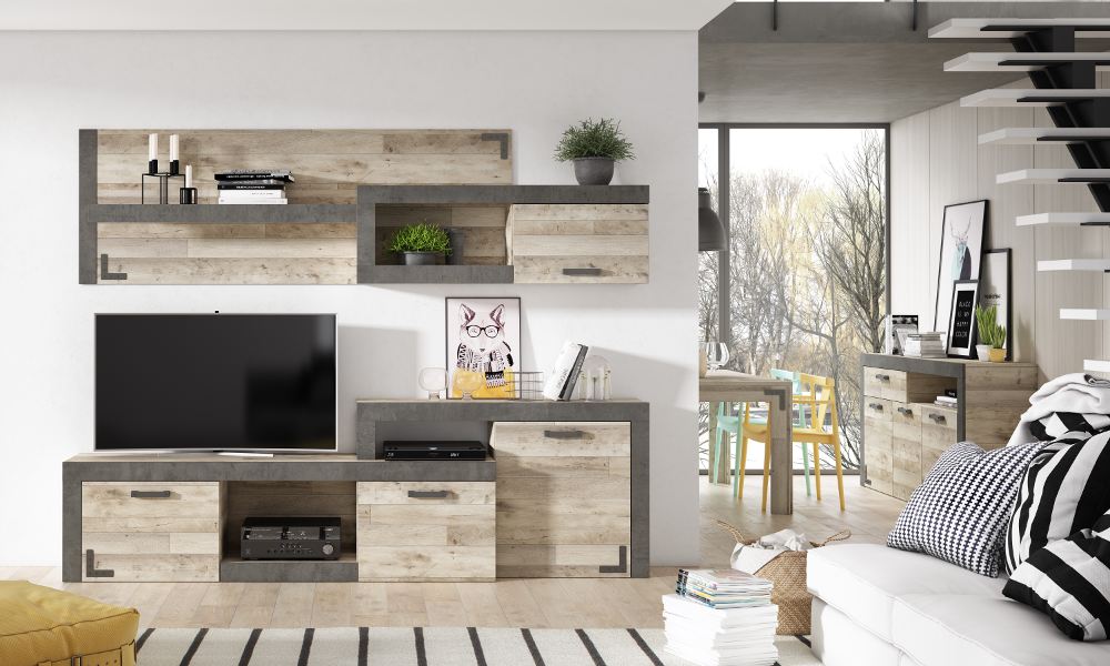 Mueble de salón NAGORE de estilo clásico y moderno gracias al roble vintage y gris cemento salones clasicos renovados