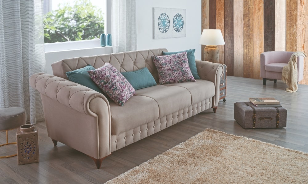 Sofá cama chester IBIZA de 3 plazas, con un diseño que nunca pasará de moda. Cómodo, elegante y con personalidad. colores de cojines para sofa neutro de estilo tradicional