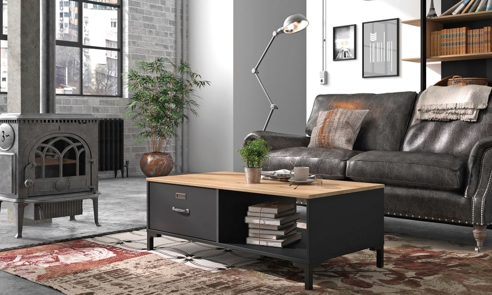 Mesa de centro MANCHESTER con un estilo entre vintage e industrial. Dispone de un amplio cajón y un hueco inferior. ¡Práctica y estética! como pintar un mueble de madera de otro color