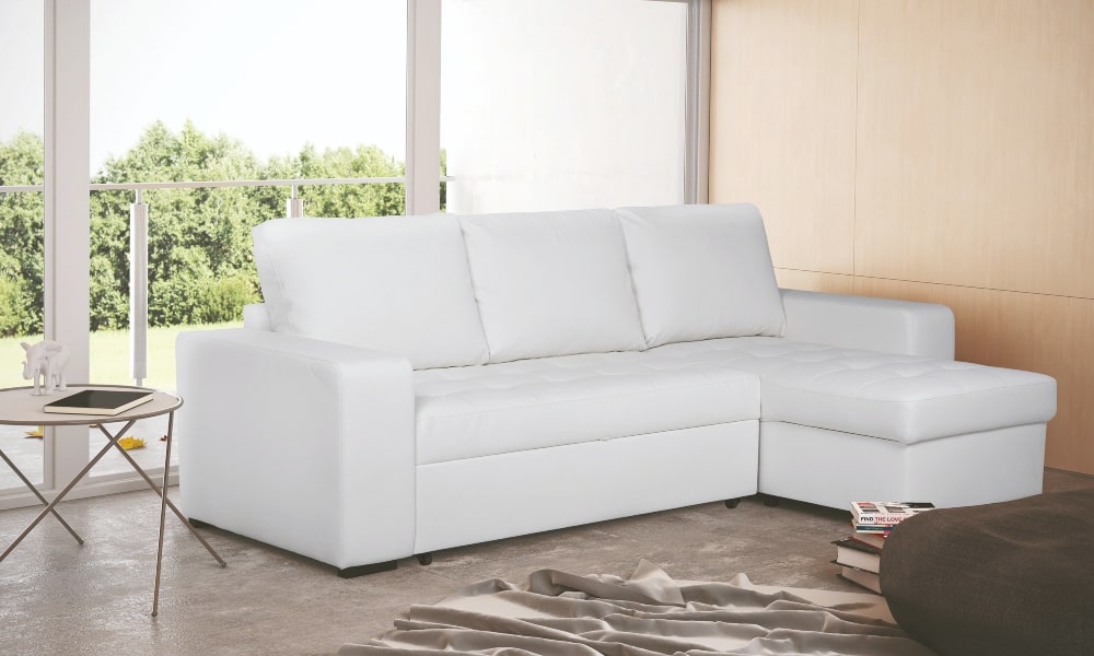 Chaise longue reversible con cama HARRY, de piel sintética en color blanco. Úsala según tus necesidades y maximiza tu espacio. como limpiar sofa de piel blanco