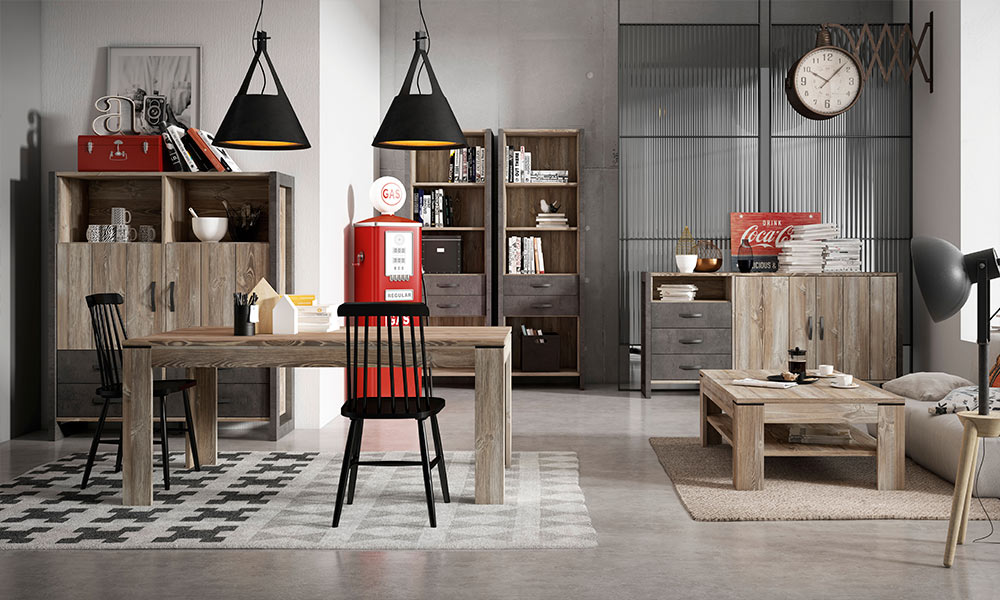 El salón INDUSTRY destaca por su tonalidad cemento oscuro combinada con pino picea, y aporta a tu salón un aire moderno y amplio como distribuir un salon