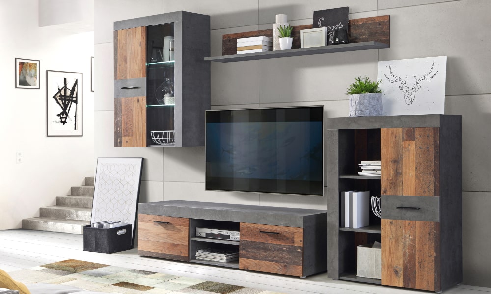 El mueble de salón NELLEKE tiene una atractiva combinación de color cemento oscuro y vintage. ¿Sabes que hay pinturas que imitan el acabado de la cerámica o el óxido? como cambiar el color de un mueble oscuro a claro