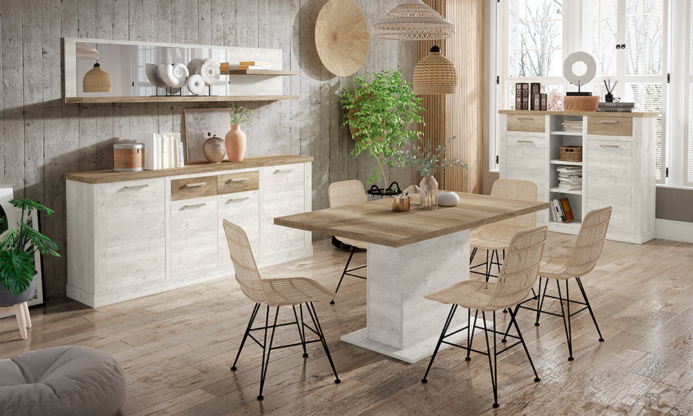 La mesa VERONA, con una elegante y sencilla combinación de blanco y color madera, aporta un agradable toque de calidez a la estancia estilo rustico moderno