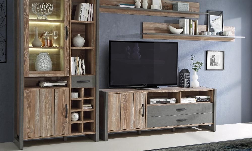 mobiliario de salón con vitrina y mueble de tv de estilo industrial estilo nordico industrial vintage