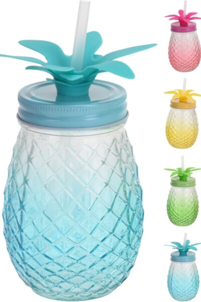 Surtido de jarras de vidrio con forma de piña en color azul, rosa, amarillo cocinas celestes