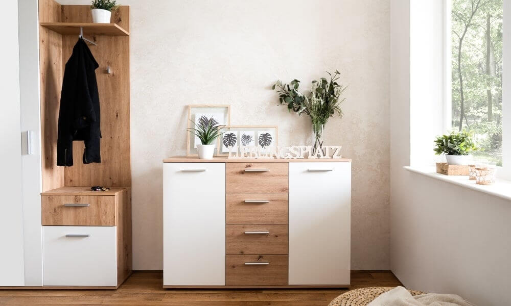 luminosa habitación con combinación de mueble blanco y madera oscura mueble blanco y madera oscura