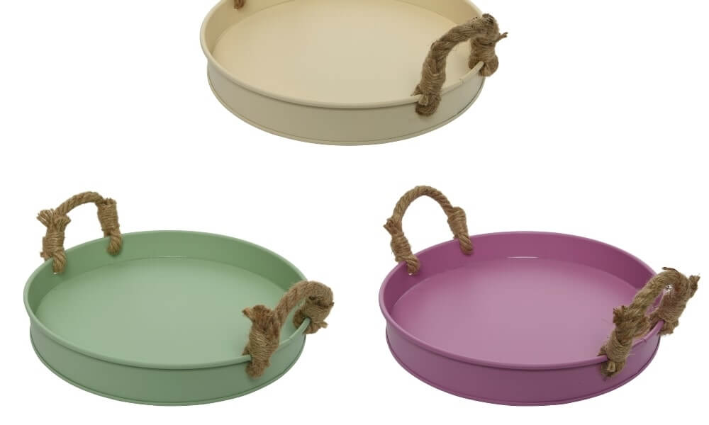 bandeja de cocina en color verde menta, beige y lila con asas de yute cocina verde mint